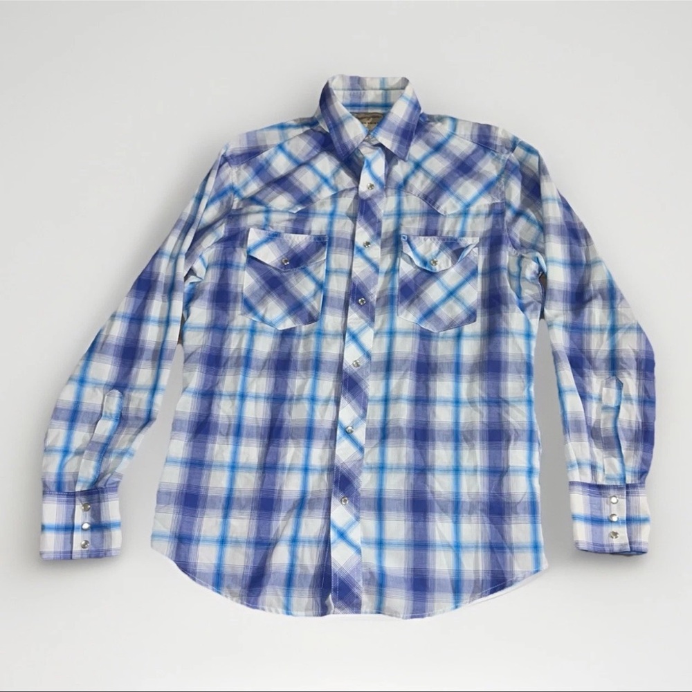 Wrangler Wrancher Men's M Metallic Western Pearl Snap Cowboy Shirt Plaid Blue